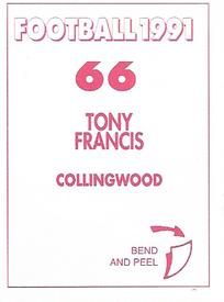 1991 Select AFL Stickers #66 Tony Francis Back
